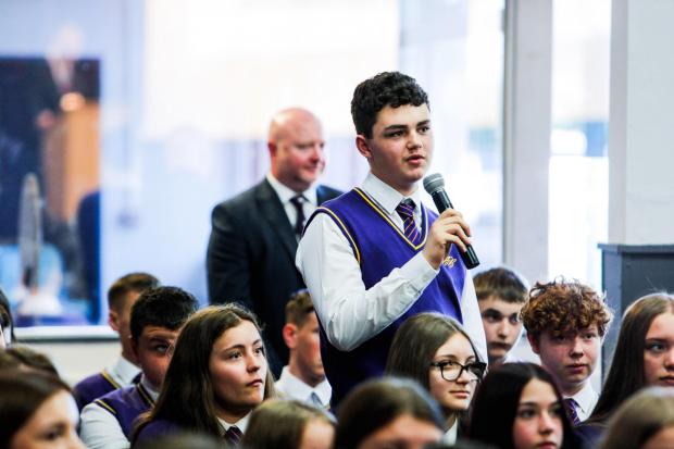 The Northern Echo: Pupils ask Dr Fiona Hill questions at Bishop Barrington school in Bishop Auckland. Photograph: Stuart Boulton/The Northern Echo.